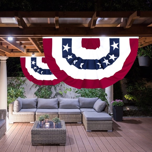 Independence Day Yard Fence Flag, Scalloped Fan-Shaped Patriotic Star Stripe Banner with Canvas Header and Eyelets, Polyester, Wine, 90x45 cm, 1 Pack