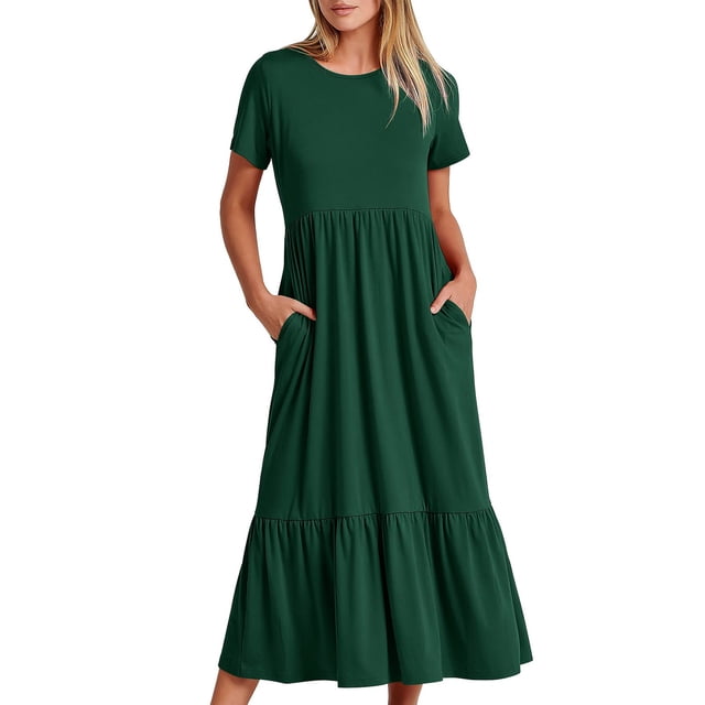EGNMCR Robes de Fête pour Femmes Robe d'Été Décontractée à Manches Courtes et Col Rond pour Femmes Robe Décontractée Fluide à Étages Maxi de Plage avec Poches