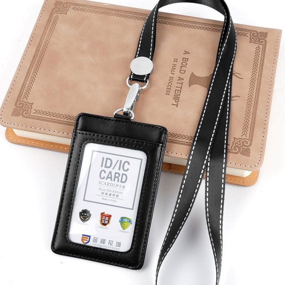 Porte-badge en Cuir avec Étiquette d'Identité et Nom, Sac pour Cartes de Crédit avec Lanière, Étui de Protection pour Carte d'Autobus d'Accès au Passeport de l'Employé, Étui Porte-Badge Vertical Noir