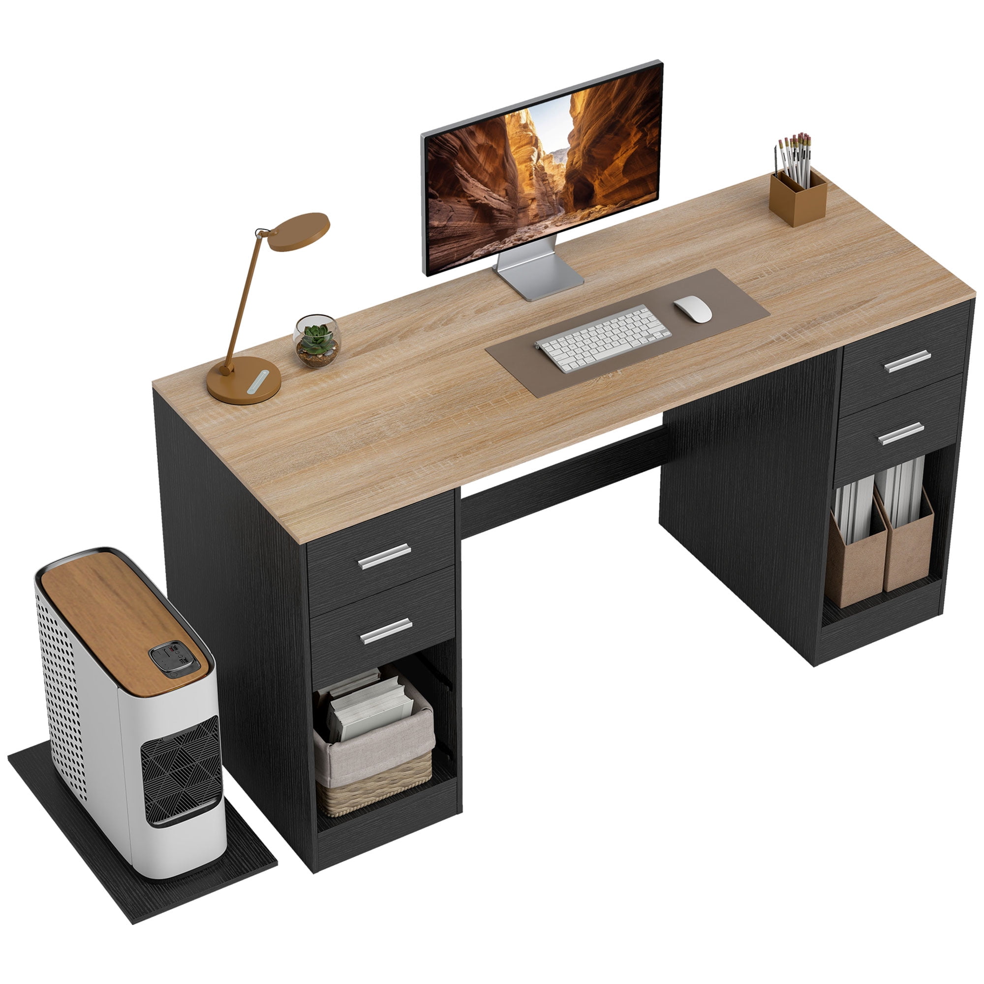 HOMCOM Computer Desk with 4 Reversible Drawers, 55" Office Desk, Black