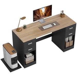 HOMCOM Computer Desk with 4 Reversible Drawers, 55" Office Desk, Black