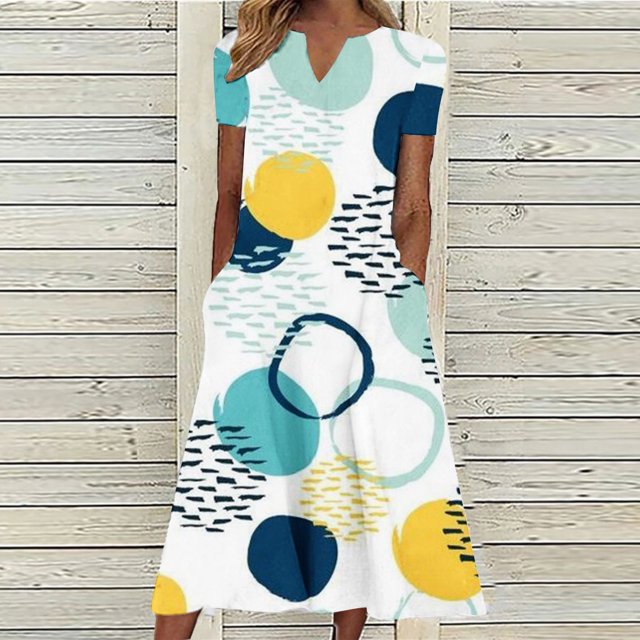 SMihono Robe d'Été Bohème pour Femmes Grande Taille Mode Décontractée d'Été avec Poches Manches Courtes Imprimée Col en V