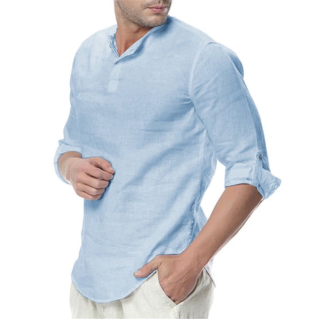 CEHVOM Men's Spring And Autumn Casual Solid Color Cotton And Linen Loose Coat Shirt