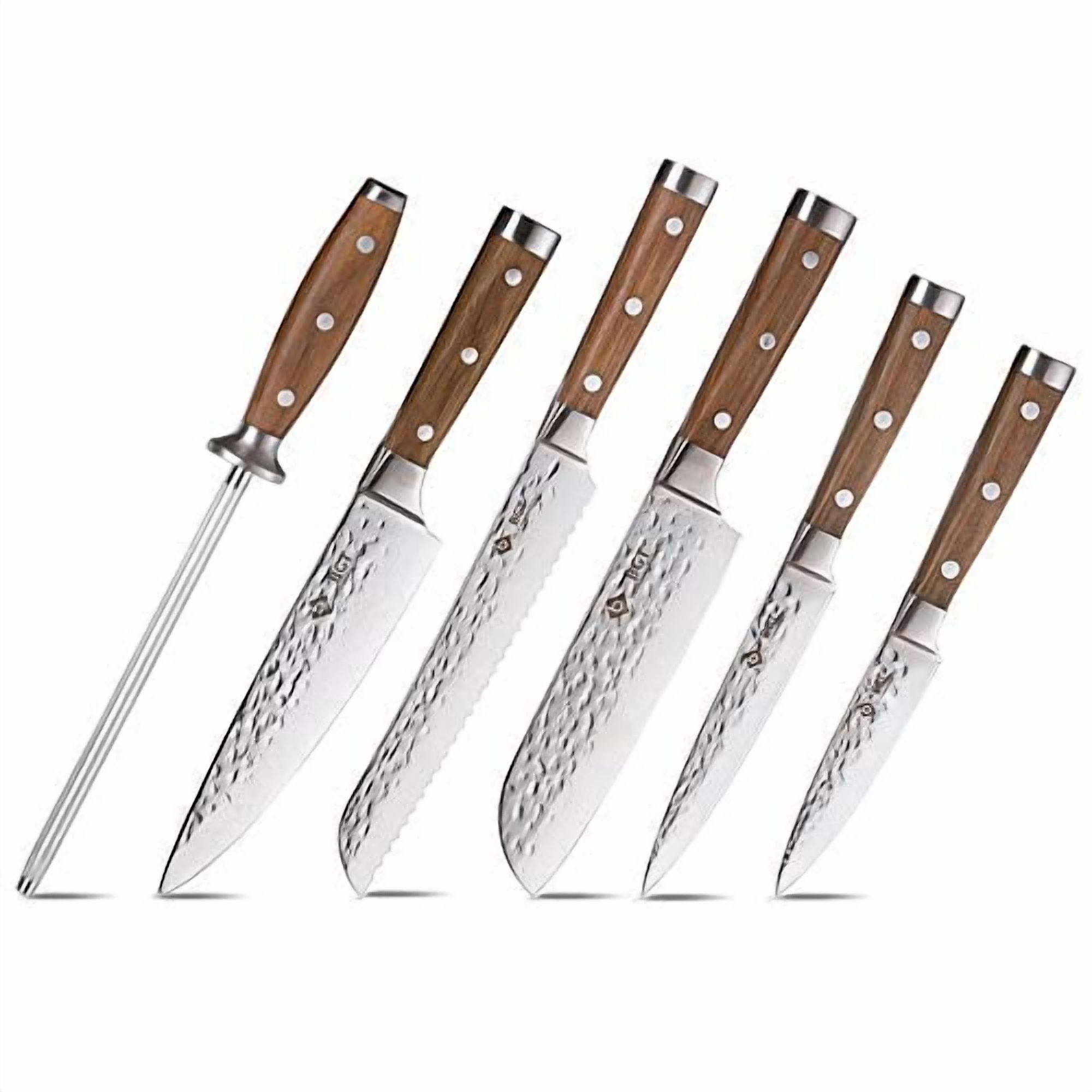 BGT Japanese 67 Layer High Grade VG-10 Super Damascus Steel Knives, Sharp, Teak Handle Professional Hammered Kitchen Knife Set with Knife Roll Bag 6Pcs Set (Silver Blade)