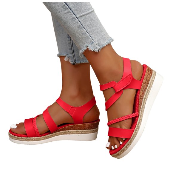 Sandales Compensées Espadrilles pour Femmes en Similicuir Décontractées à Enfiler Sandales à Plateforme Semelle Souple Antidérapantes Respirantes Chaussures de Plage Rouges Taille 6