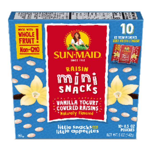Sunmaid Raisin Mini Snacks Vanilla Yogurt Covered Raisins box with 10 individually wrapped 0.5 oz packs, featuring whole fruit Non-GMO label and vanilla flowers, suitable as a portable, better-for-you snack and a topping for granola or fruit salads.