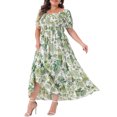 thumbnail image 2 of GRACE & GRANDEUR Robe Maxi Bohème à Fleurs pour Femme Grande Taille, Manches Courtes, Encolure Carrée, Smockée, 1X Vert, 2 of 5