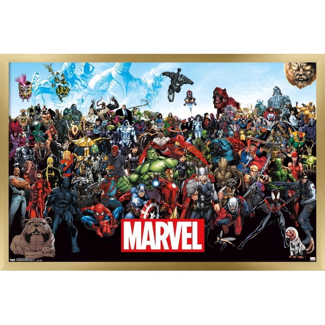 Marvel Comics - The Marvel Lineup Wall Affiche, 22.375 Pouces x 34 Pouces, Affiche un collage vibrant de Superhéros et Méchants Marvel, Incluant Spider-Man, Hulk, Thor, Captain America, Black Panther, Groot et Rocket Raton Laveur sur Fond de Ciel Bleu avec le logo Marvel Rouge et Blanc au Bas, Imprimé sur Papier Lustré et Encadré en Bois Clair, Convient pour Décorer des Chambres, des Bureaux Ou des Résidences Étudiantes.