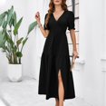 thumbnail image 4 of Pisexur Robe à Manches Courtes à Col en V Longueur Cheville Mode pour Femmes Automne Col en V Manches Courtes Couleur Unie Fente Robes Femmes Robes, 4 of 5