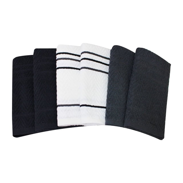 Mainstays Serviettes de Cuisine, Lot de 6, 100 % Coton, Mesurant 16 par 26 Pouces, Affichées à l'Avant avec Deux Serviettes Noires Unies, Deux Serviettes Blanches à Rayures Noires et Deux Serviettes Gris Foncé Unies, Convenant aux Linges de Cuisine et aux Linges à Vaisselle, Absorbantes et Durables avec une Toucher Doux à la Main.