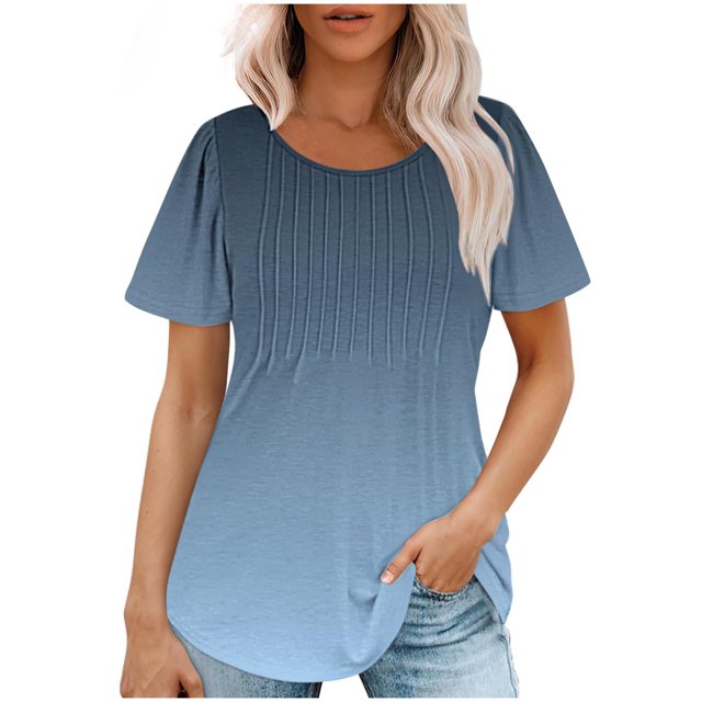 Plebaso Hauts pour Femmes Été Manches Courtes Col Rond Tunique Habillée Ample Mode Dégradé de Couleur Blouses