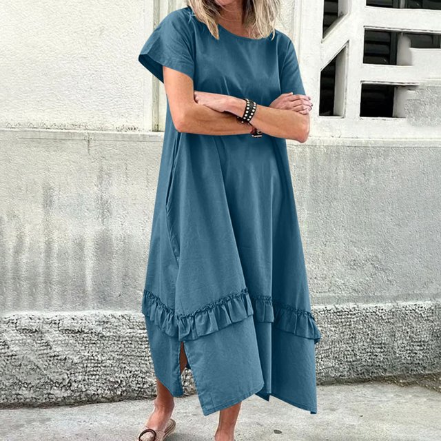 Ovzne Robes d'Été pour Femmes 2025 Robe pour Femme Robe d'Été pour Femme à Manches Courtes Imitation Coton et Lin Col Rond Couleur Unie Poches Ourlet Fente Robe Robe de Vacances Robe Courte Clea