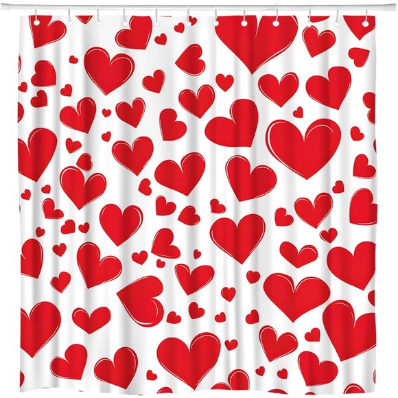 Rideau de Douche Cœur Rouge Amour Motif Romantique des Fêtes Couple Femme Fille Saint-Valentin Polyester Ensemble de Rideaux de Salle de Bain avec Crochets 70x70 Pouces