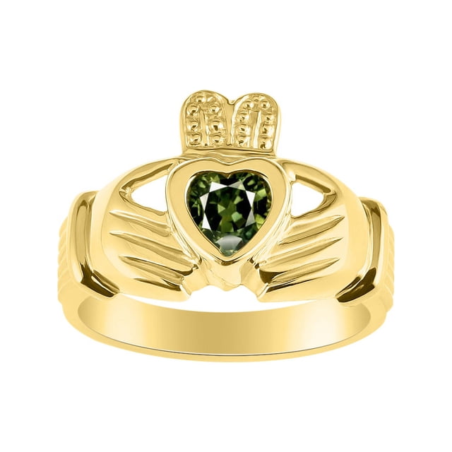 RYLOS Rings Gold Plated Silver Claddah Love, Loyalty & Friendship Heart 6MM Gem Irish Wedding Band Claddagh Rings Green Sapphire Jewelry Size 7