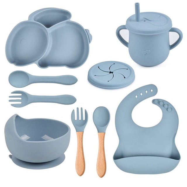 AMERTEER 9Pcs Children‘S Silicone Tableware Set Baby Non-Slip Divided Children‘S Plate Bowl With Suction Cup
