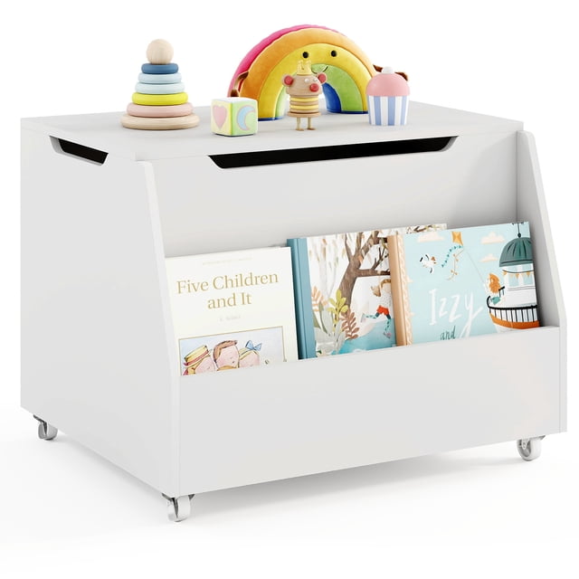 Gymax Kids Toy Box Wooden Storage Chest Bench w/ Bookshelf Wheels Safety Hinge Lid