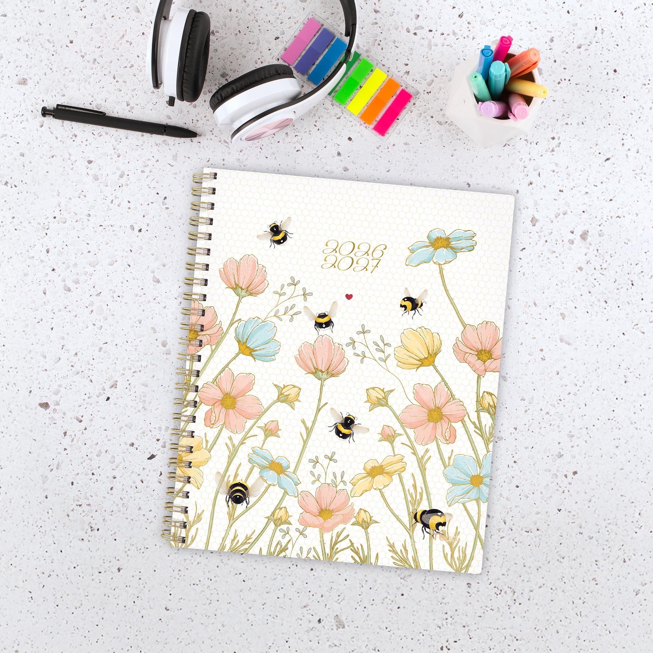 Agenda scolaire hebdomadaire et mensuel format grand Mead® Abeille blanche (Honey Bee White) 2026‑2027