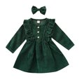 thumbnail image 1 of Toddler Baby Girl Fall Spring Dress Corduroy High-Waist Ruffle Buttons Princess Dress With Bow Headband, 1 of 7