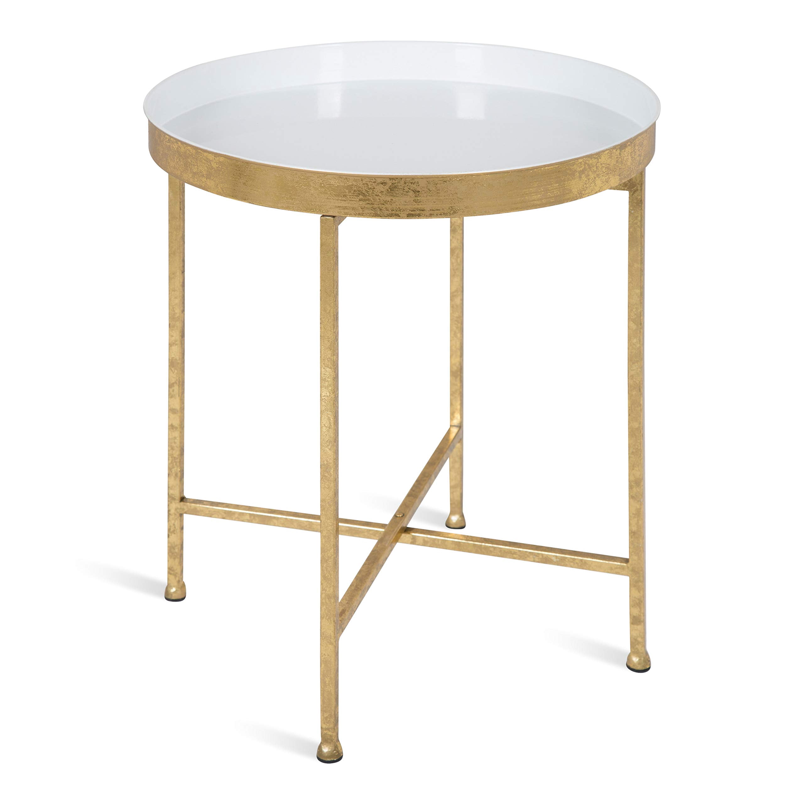 Kate and Laurel Celia Metal Foldable Round Accent Table, 18.25" x 18.25" x 22", White Surface and Gold Frame, Modern Minimalist Design and Detachable Magnetic Tabletop