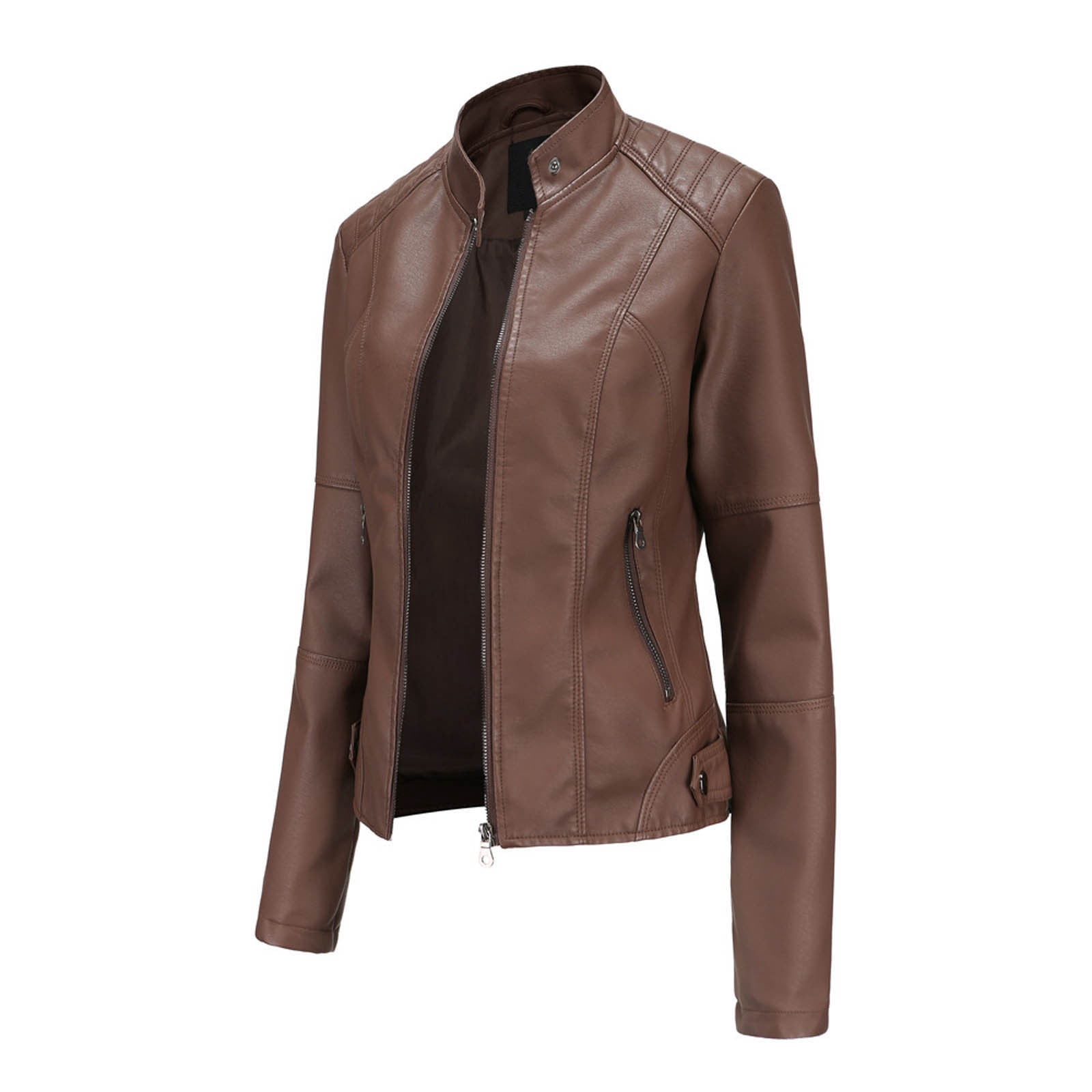 Kcodviy Veste Ajustée Unie Col Femme Veste Décontractée Grande Taille Femme Couleur Fermeture Éclair Cuir Femme Col Roulé Chandail à Capuchon Vestes Manches Longues Décontracté Couleur Col Montant Couture Manteau Femme