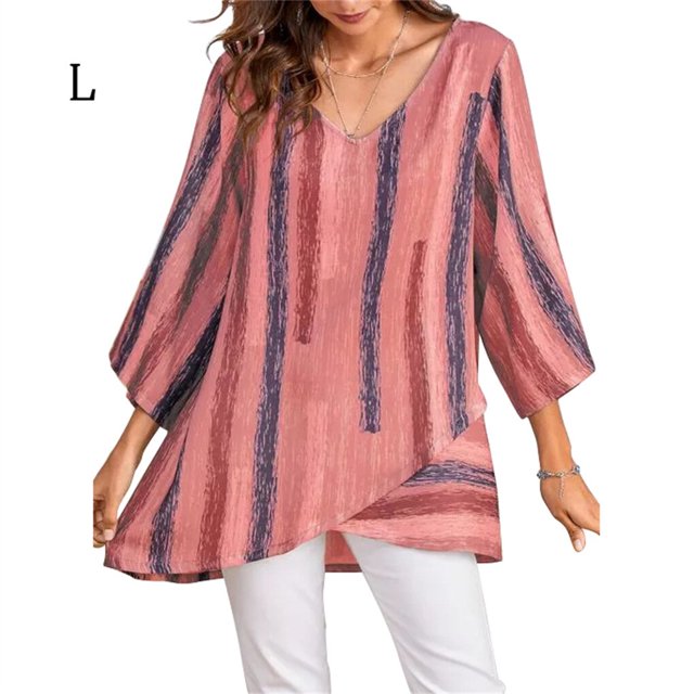 T-shirt pour Femmes à Manches Longues, Coupe Ample, Blouse d'Automne pour Femmes, Haut à Rayures à Col en V d'Automne, Rouge, G