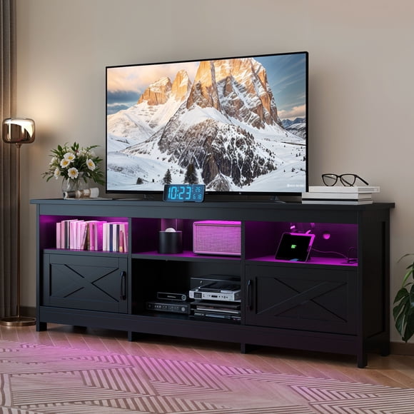 DEXTRUS 70” Farmhouse TV Stand For TVs up to 80 inch, LED Entertainment Center with Power Outlet,  Media Console with Storage Cabinets for Living Room, Black