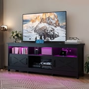 DEXTRUS 70” Farmhouse TV Stand For TVs up to 80 inch, LED Entertainment Center with Power Outlet,  Media Console with Storage Cabinets for Living Room, Black
