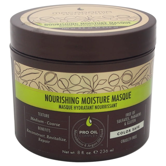 Nourishing Moisture Masque by Macadamia for Unisex, an 8 oz hair treatment masque designed for medium to coarse hair textures. The product is housed in a brown container with green and beige accents, featuring details about its hydrating, repairing, and reconstructing benefits. It is free of sulfates, parabens, and gluten, and is cruelty-free.