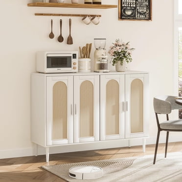 TROPOW Sideboard Buffet Cabinet, 4 Rattan Doors Accent Storage Cabinet, Console Table Coffee Bar with Power Outlet, Adjustable Shelves for Dining Room, Kitchen, Hallway, Living Room - White
