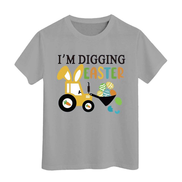 PMVFHDE T-Shirt Graphique à Manches Courtes Imprimé Lapin de Pâques pour Enfants, Col Rond, Décontracté, Printemps Été, Gris, 4-5 Ans