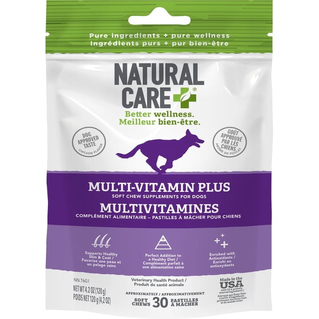 Natural Care Multi Vitamins Plus Chicken Daily Chews Dog Supplement pouch with white and green packaging and a purple running dog silhouette, containing 30 soft chew supplements that support healthy skin and coat, are enriched with antioxidants, and provide nutritional support for active dogs, made in the USA with globally sourced ingredients.