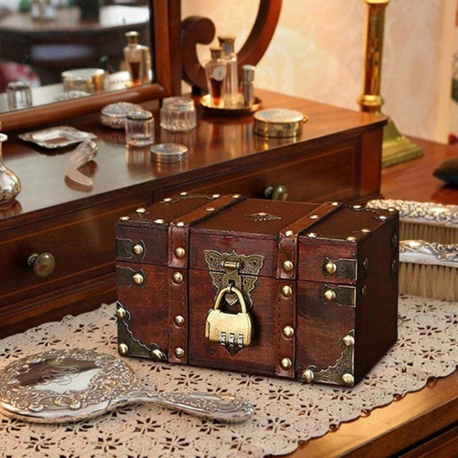 Decorative Small Wooden Storage Trunk, Wood Suitcase Chest Old