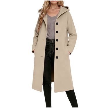 Winter Coats for Women, Ladies' Casual Warm Winter Daily Solid Color Long-Sleeve Hooded Woolen-Like Trench Coat Top with Pockets & Buttons, Regular-Fit, Long Coats for Women