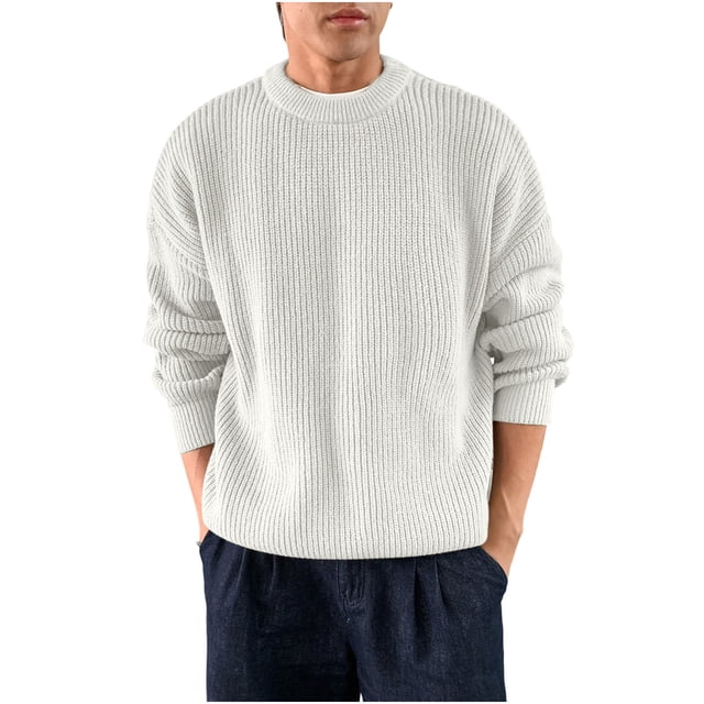 LNWUY Chandails à Col Rond pour Hommes Automne Hiver Couleur Unie Tricoté Manches Longues Coupe Ajustée Chandails Décontractés Amples Chauds Chandails Blancs TG