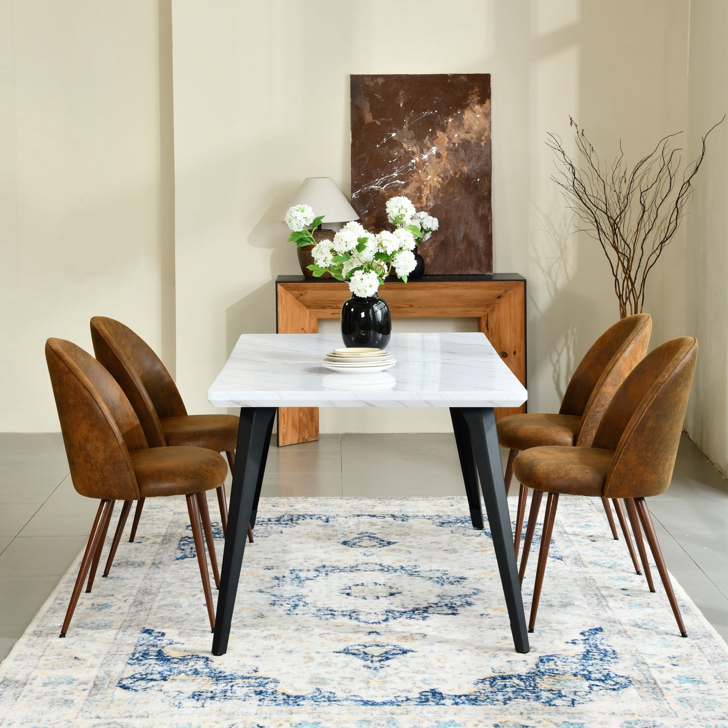 Ensemble de salle à manger Homy Casa 5 pièces, table rectangulaire imitation noyer avec chaises rembourrées