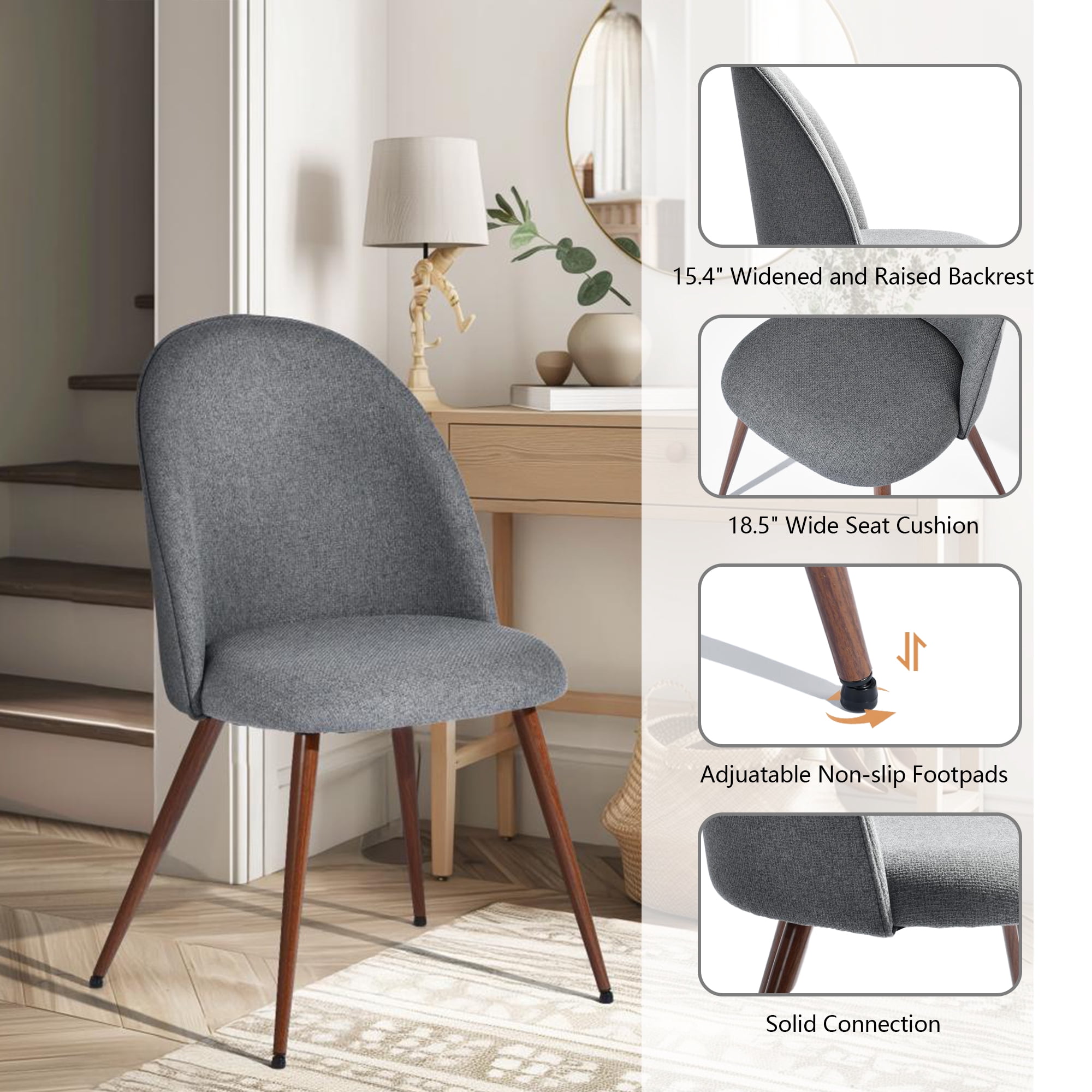 Homy Casa 2 Piece Fabric Dining Chairs with Thick Cushion and Adjustable Feet for Kitchen or Apartment