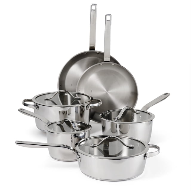 Tramontina Tempo Tri-Ply Base Stainless Steel 10-Piece Cookware Set with Glass Lids, including two fry pans, saucepans, a sauté pan, and a Dutch oven. Features tri-ply base with impact-bonded aluminum core for even heat distribution, tempered glass lids, and riveted stainless steel handles. Induction-ready, oven-safe up to 350°F, and dishwasher-safe.