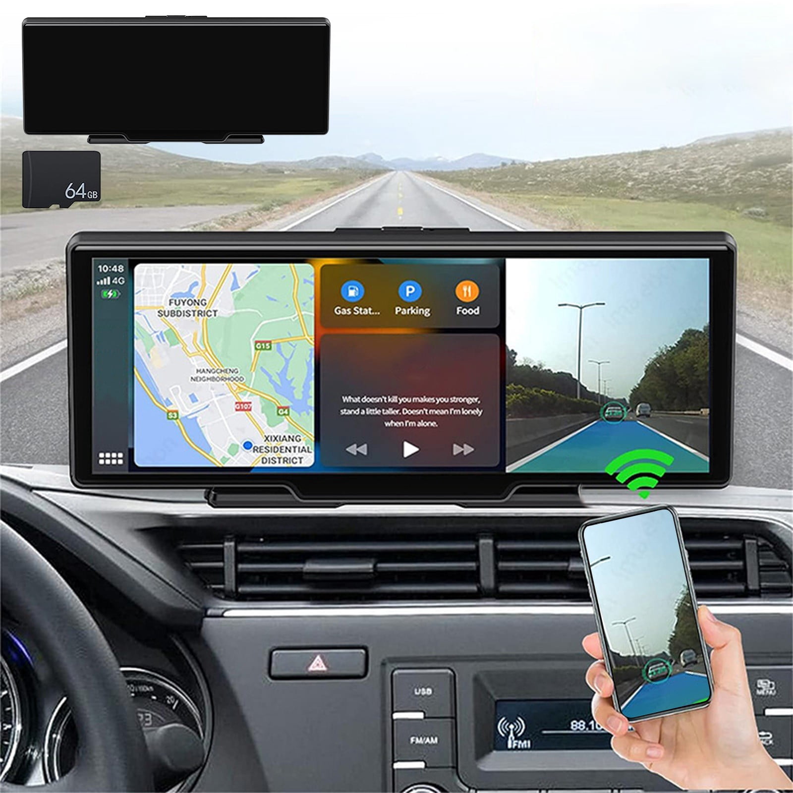 Birdeem Dash Cam Gps,Phone Compatible Navigation Dash Cam 10-Inch Touchscreen Full Hd Recording Gps Navigation Voice Control 64Gb Card Included
