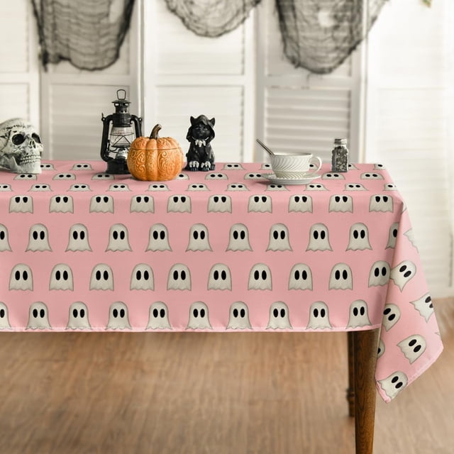 Halloween Tablecloth 60×84 Inch Rectangular, Cute Ghost Pink Washable Table Cover for Party Picnic Dinner Decor