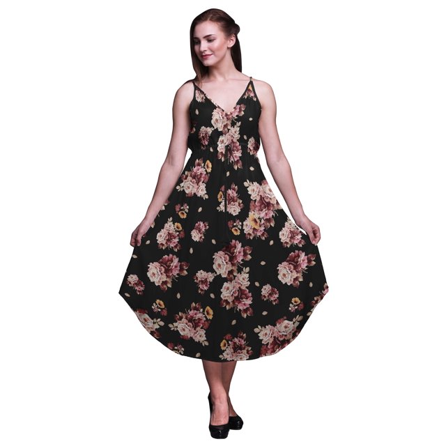 Bimba Robe de Plage Bohème Sans Manches Midi à Bretelles Imprimée Florale pour Femme - Très Petit