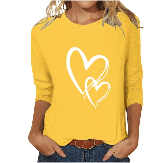 Cameland T-Shirt Imprimé Cœur pour Femme, Mode, Manches 3/4, Blouse à Col Rond, Hauts Décontractés