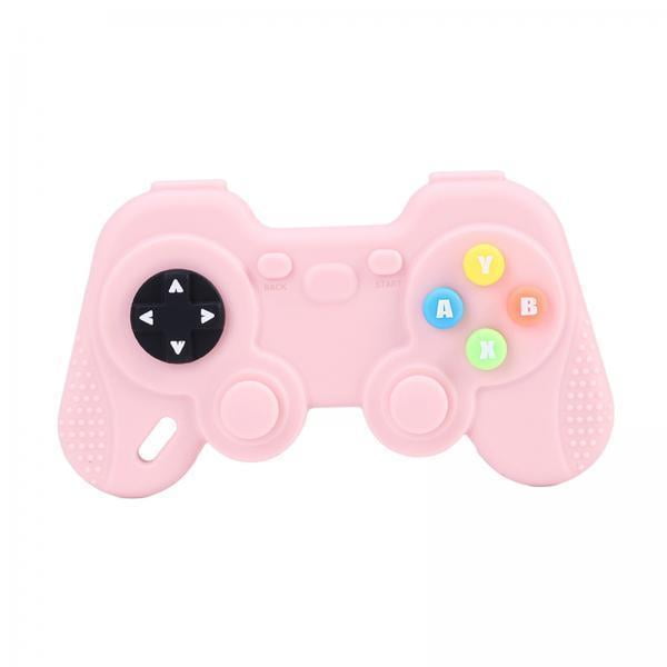 Lipstore 3xBaby Teething Toys Sensory for Toddlers Babies 3-12 Months Baby Pink. A pink silicone teething toy shaped like a game controller with colorful buttons labeled A, B, X, and Y, designed for sensory development in babies. Made of lightweight, high-quality silicone, it is easy to clean and suitable as a gift for newborns or toddlers. Dimensions are 11.3cm x 6.4cm x 1.5cm.