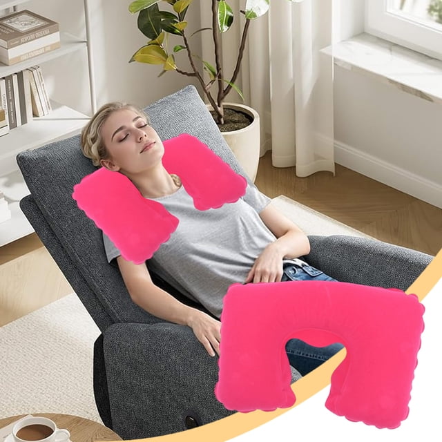 Wzzjkit Comfortable Travel Neck Pillow PVC Flocked U Shaped Cushion for Aviation Outdoor Home Use Portable Inflatable Cervical Support Pillow with Soft Velour Cover