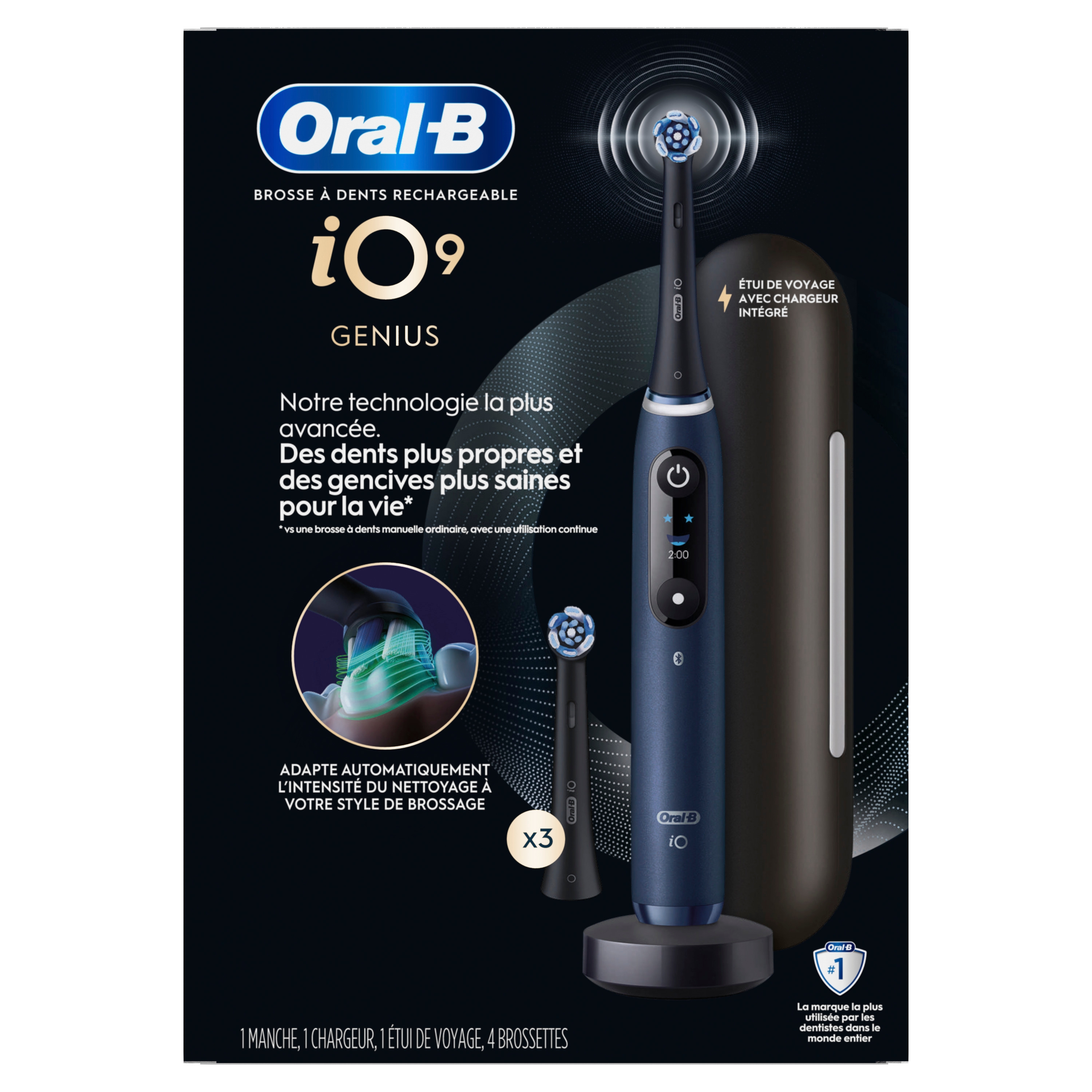 Brosse à dents électrique rechargeable Oral-B, iO9 Genius, 7 modes de nettoyage, écran interactif, étui de voyage avec chargeur intégré, détecteur de pression visible, 4 brossettes, bleu saphir