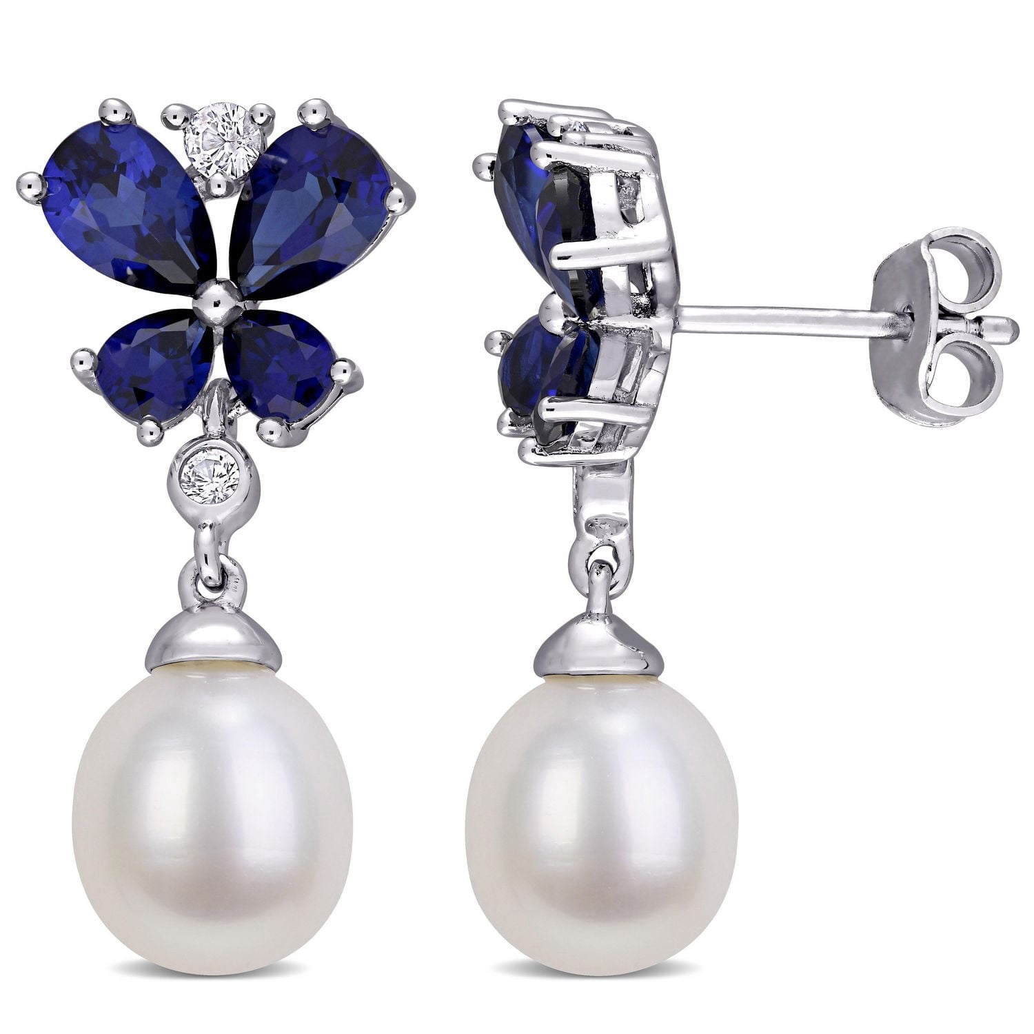Boucles d’oreilles pendantes florales Miabella avec perles d’eau douce cultivées et saphir synthétique en argent sterling