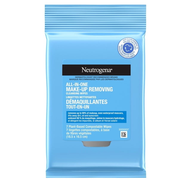 Neutrogena All-in-One Makeup Removing Cleansing Wipes in light blue package with black label, containing 7 plant-based compostable wipes (18.5 x 16.5 cm) that remove up to 99% of makeup including waterproof mascara, dirt, oil, and sunscreen, suitable for sensitive skin and daily use.
