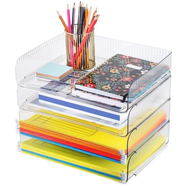 Acrylic Desk Organizer, Clear Letter Tray Desk Organizer, Stackable Document Organizer for Desktop, A4 Paper, Magazine, File Documents, Receipts, Set of 4, 12.6*9.4*10.2 Inch