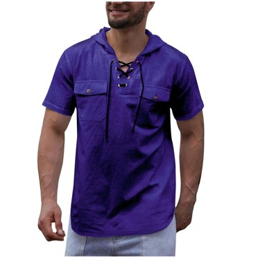 Pompotops Chemise en Coton et Lin à Col en V pour Homme, Chemise de Travail à Double Poche, Chemise à Capuche de Couleur Unie en Solde