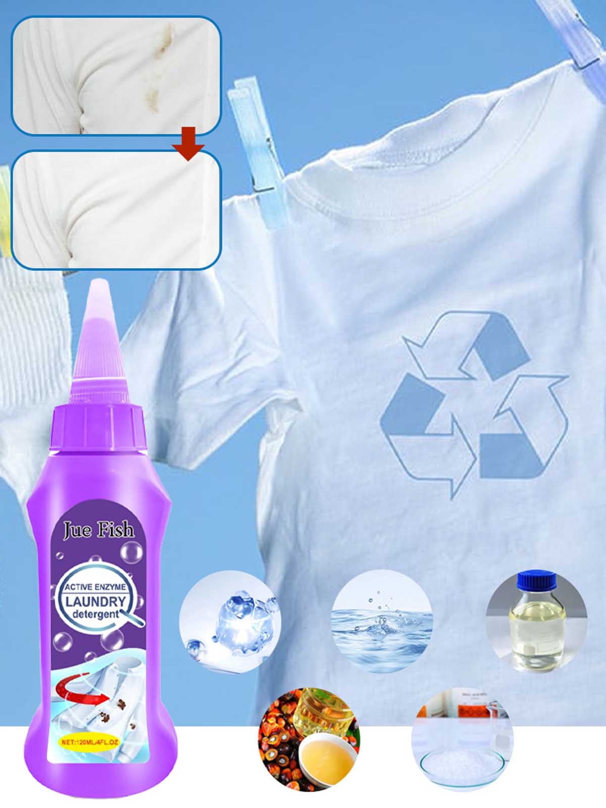JWshufel Active Enzyme Laundry Detergent Stain Remover for Effective Pre-Wash Cleaning Down Tough Sweat and Protein Stains Safe for Fabric and Skin 4.1 fl oz Eco Friendly Laundry Solution