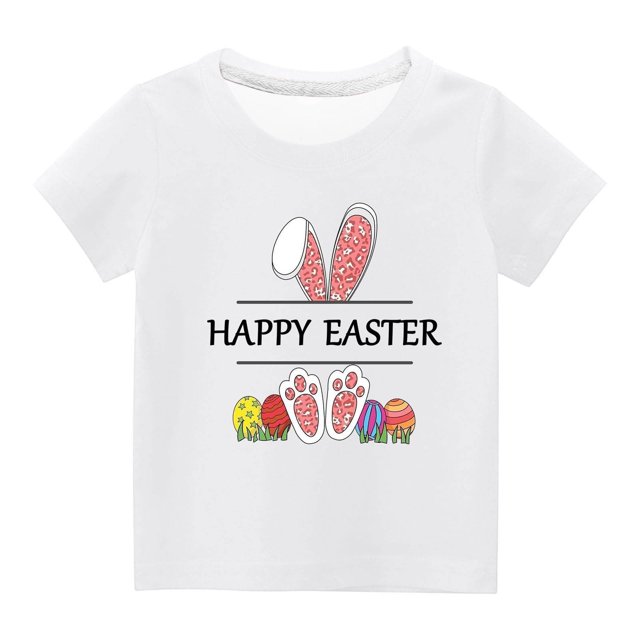 Penkiiy T-Shirts de Pâques pour Enfants Garçons Filles Mode Mignon Oreilles de Lapin de Pâques Œufs de Pâques Imprimé Col Rond Manches Courtes 13 Ans Blanc